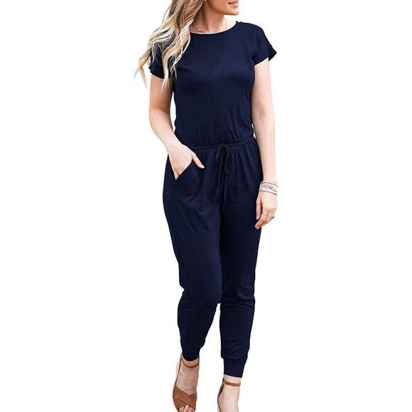 DouBCQ Pants - NEW Casual Short Sleeve Jumpsuit Elastic Waist Jumpsuit w Pockets 3X